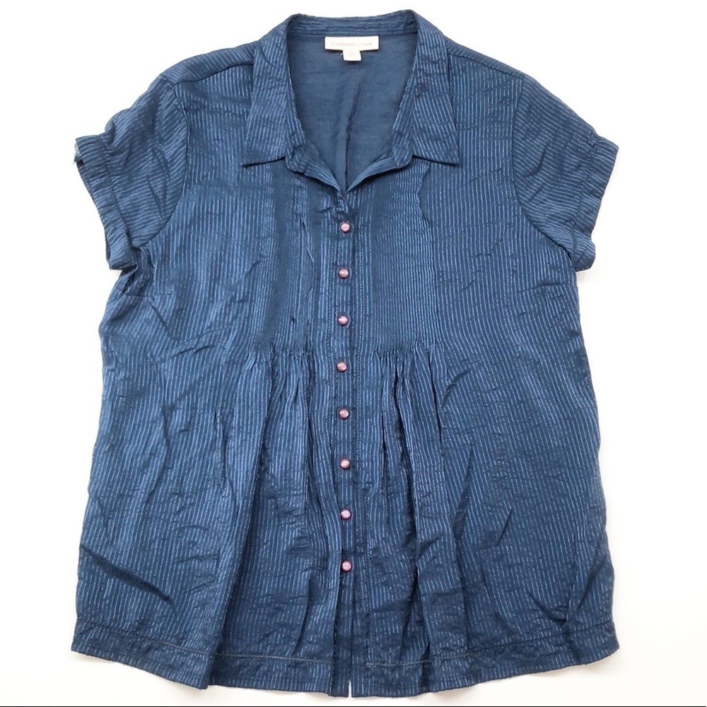 Coldwater Creek navy blue striped shimmer button down top